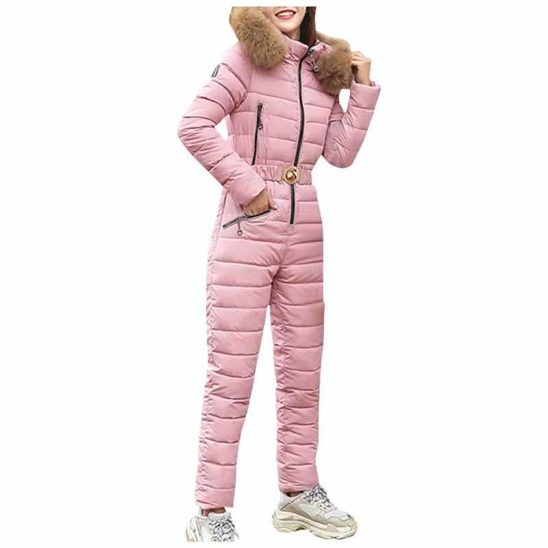 One Piece Ski Suit Women Jackets Winter Hooded Parka Jumpsuit Women Cotton bodysuit Sashes Jumpsuits Zipper Overalls Tracksuits