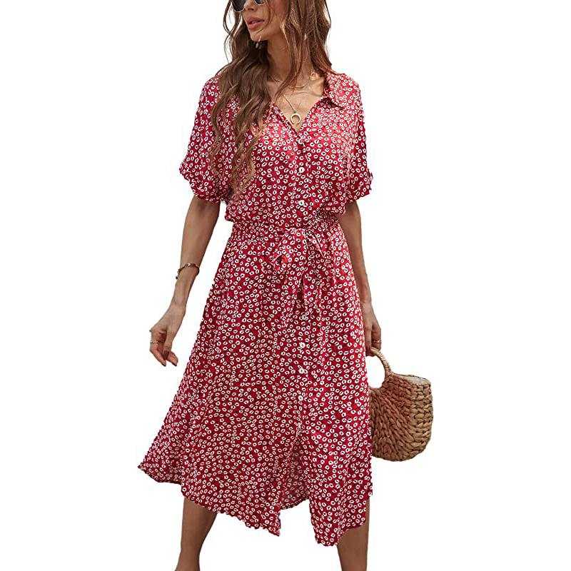 Women Summer Casual Short Sleeve Ditsy Floral Midi Dress