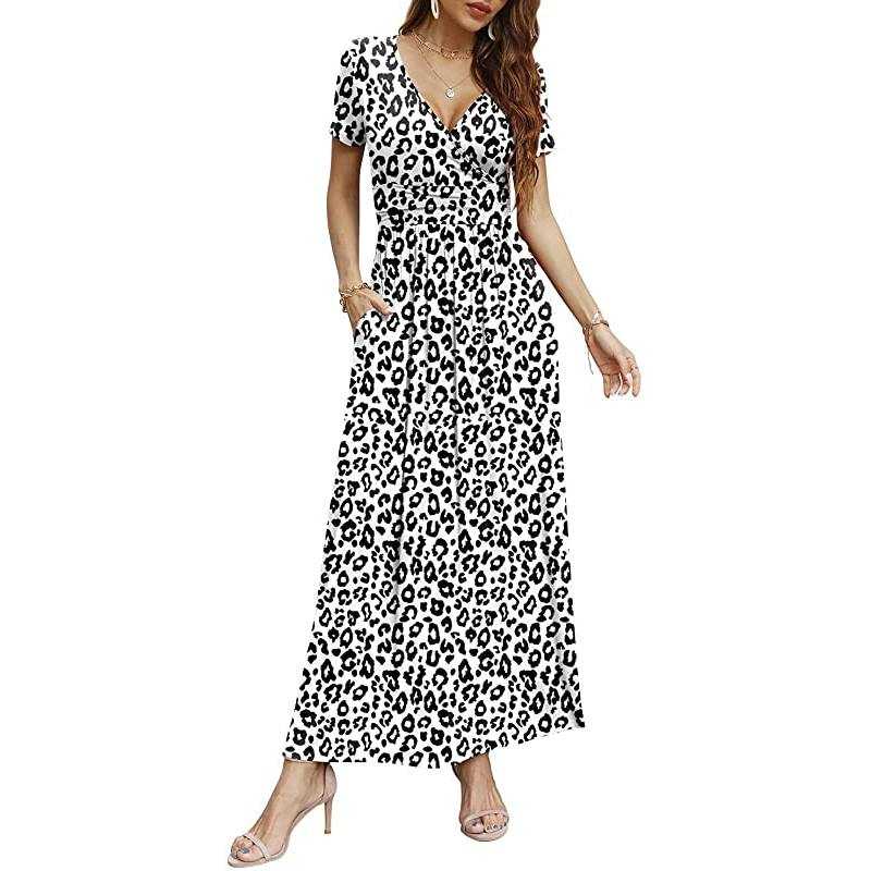 Women Long Sleeve Deep V-Neck Casual Long Dress Pleated Waist Maxi Dresses with Pockets