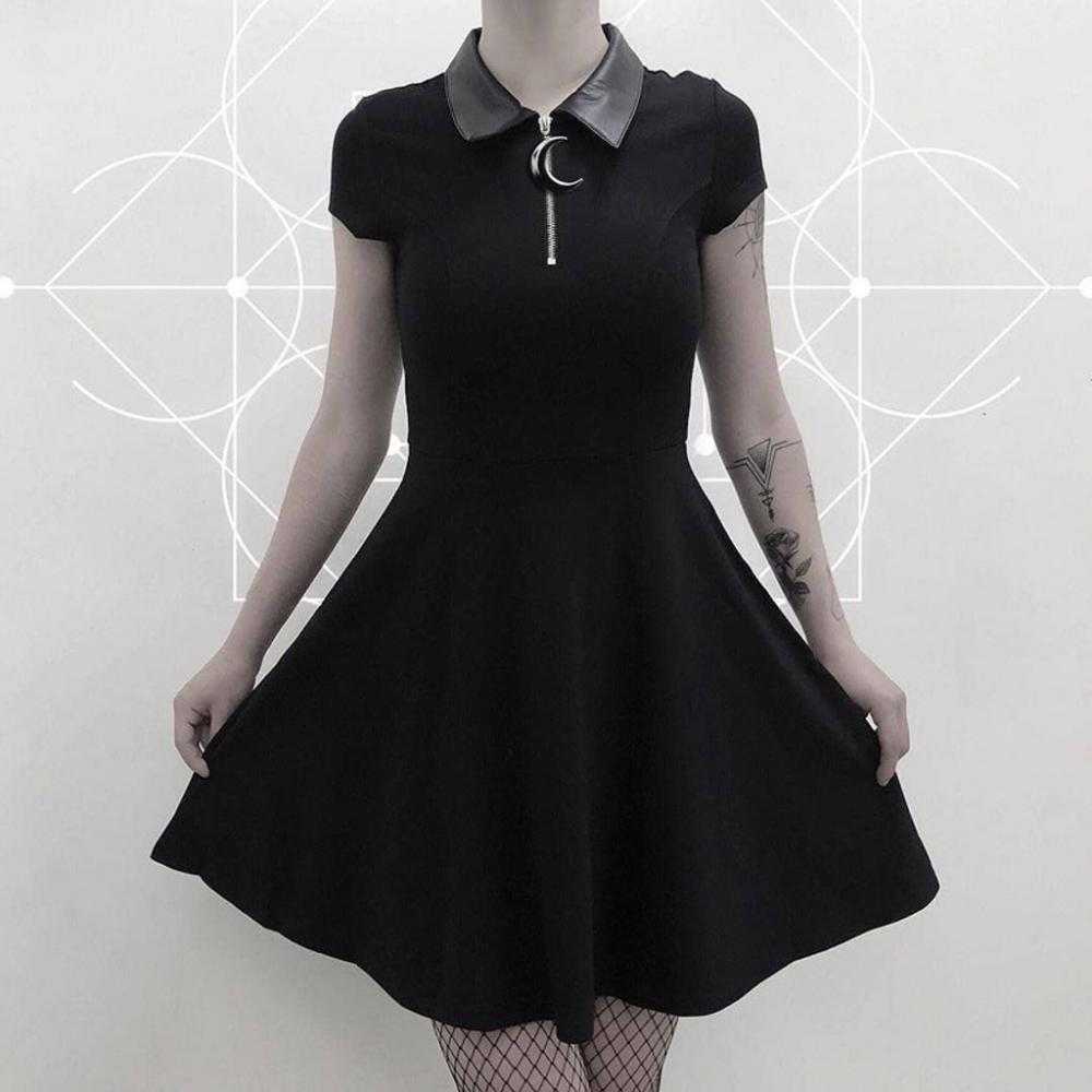Gothic Mini Dress Women Black Street Punk Zipper Summer Dress Preppy Style Girl Stylish Goth Pleated Casual Shirt Dresses