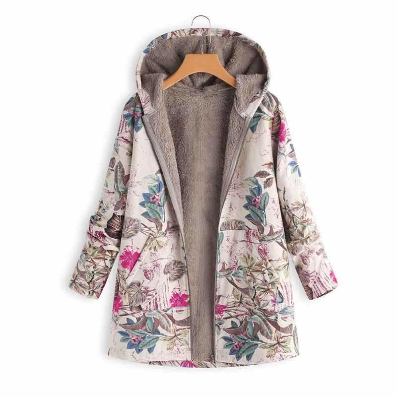 Vintage Ethnic Style Coat Women Floral Print Hooded Pockets Zipper Jacket Coats Fleece Lining Winter Warm Parka Outwear L5