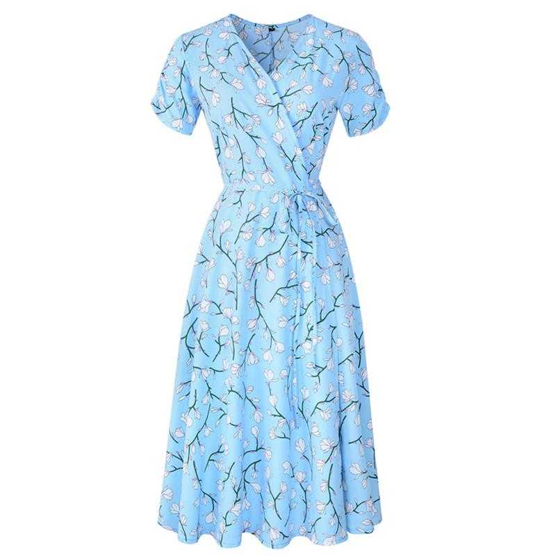 V Neck office dress Holiday Floral Print dress women summer 2019 Ladies Short Sleeve Party Dress  #35